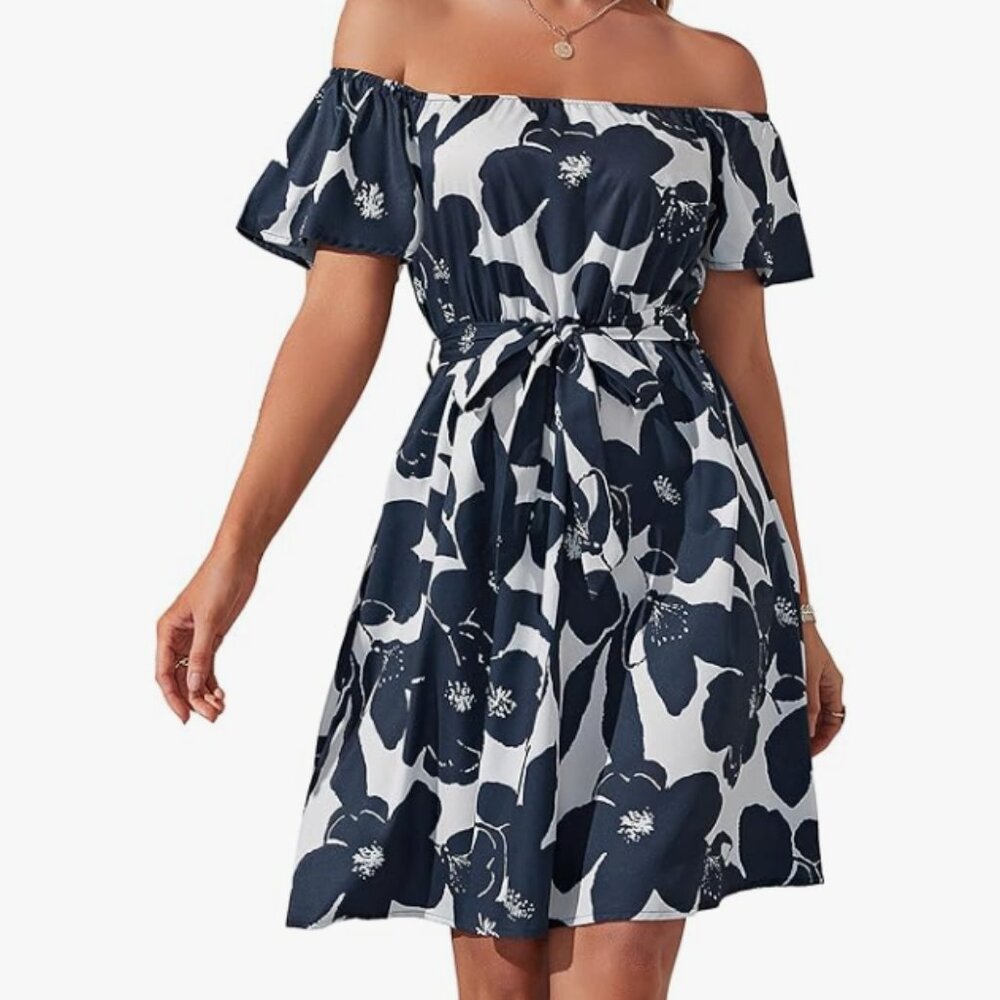 Off Shoulder Ruffle Floral A-Line Dress